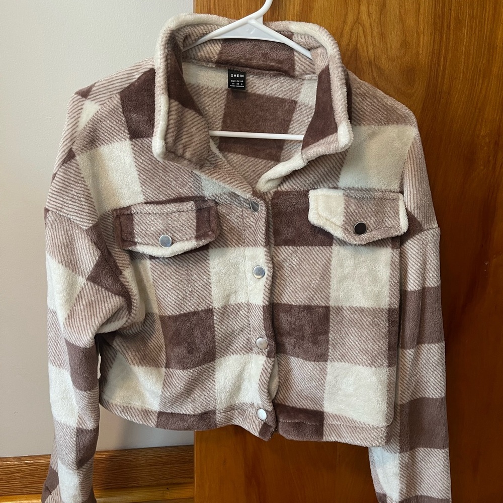 SHEIN Brown and Cream Teddy Jacket Cozy Style